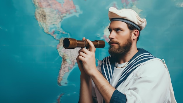 Un marinero con barba y sombrero está mirando a través de un telescopio está de pie frente a un mapa del mundo