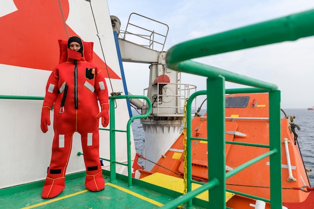 Foto marinero con traje de inmersión en la estación de reunión abandonar el taladro del barco barco de carga de caída libre