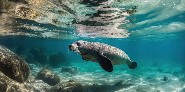 Marinerobben schwimmen im Wasser des Ozeans unter Wasser. Sehen Sie sich generative KI an