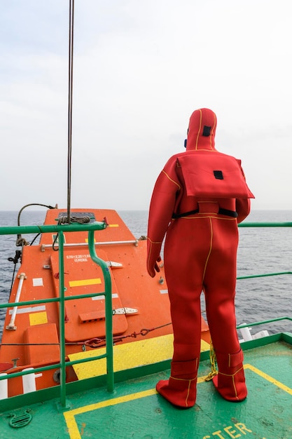 Foto marinheiro vestindo traje de imersão na estação de reuniões abandonar a broca do navio barco de carga de queda livre