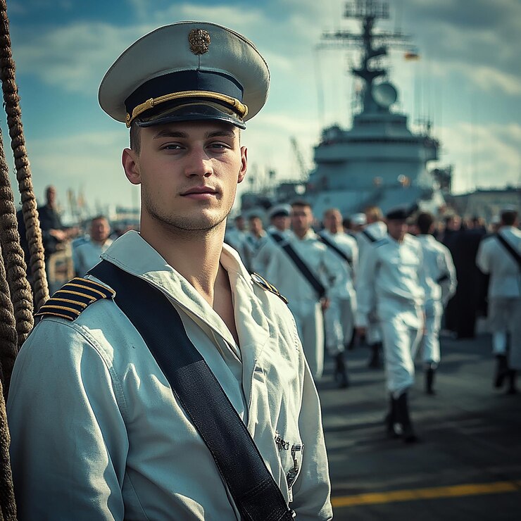 Foto marinheiros em uniforme de pé no convés de um navio da marinha prontos para o serviço