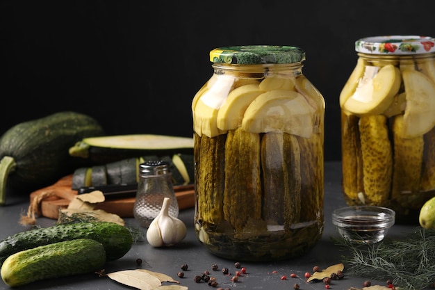 Marinierte Gurken und Zucchini in Gläsern auf dunklem Hintergrund ernten für den Winter