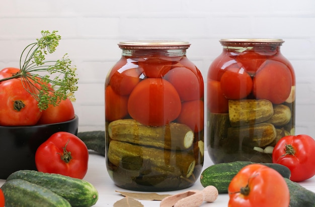 Marinierte Tomaten mit Gurken in Gläsern auf einem Leuchttisch Nahaufnahme