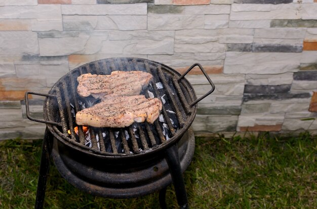 Mariniertes Fleisch Braten auf einem Grill in einer heimischen Terrasse