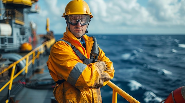 Foto marino ab o bosun en la cubierta de un buque completamente equipado con casco de epi, abrigo, chaleco salvavidas, gafas de protección, listo y vigilante.