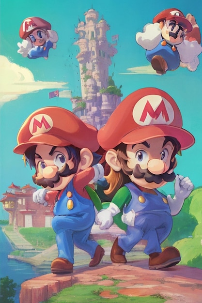 Mario Bros como un estilo de dibujos animados de anime japonés inspirado en Studio Ghiblis