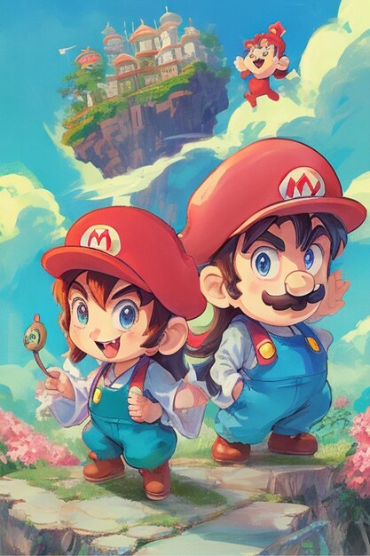 Mario Bros como un estilo de dibujos animados de anime japonés inspirado en Studio Ghiblis