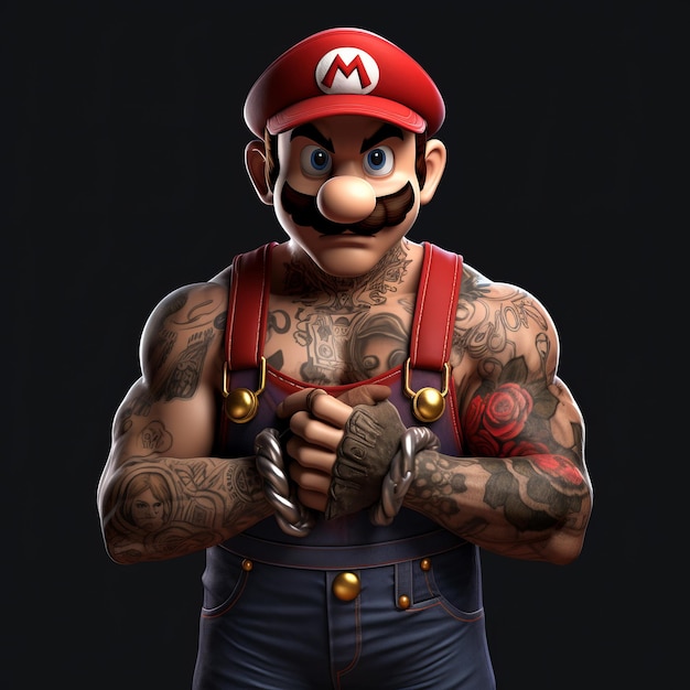 Mario, o gangster musculoso um desenho animado tatuado com uma cara má e sem fundo