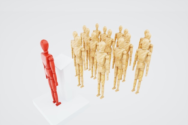 Marionete de madeira está à frente da sociedade Líder do vencedor do conceito de liderança Influenciador do espaço de cópia Ilustração 3D renderização 3D