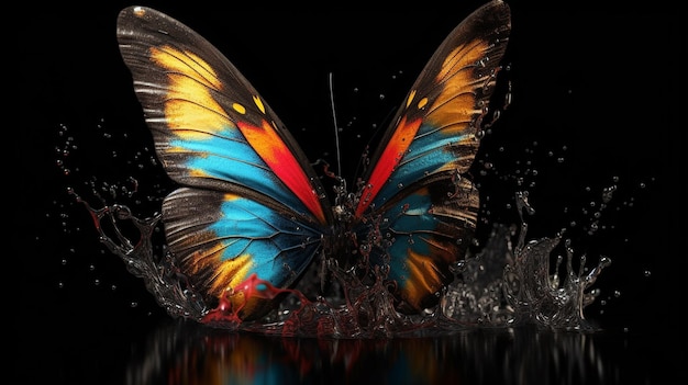 Mariposa en el agua con gotas de agua sobre un fondo negro generativo ai