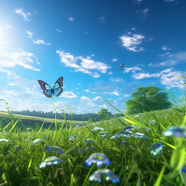 Foto mariposa al estilo disney en el cielo azul y la luz de la hierba verde
