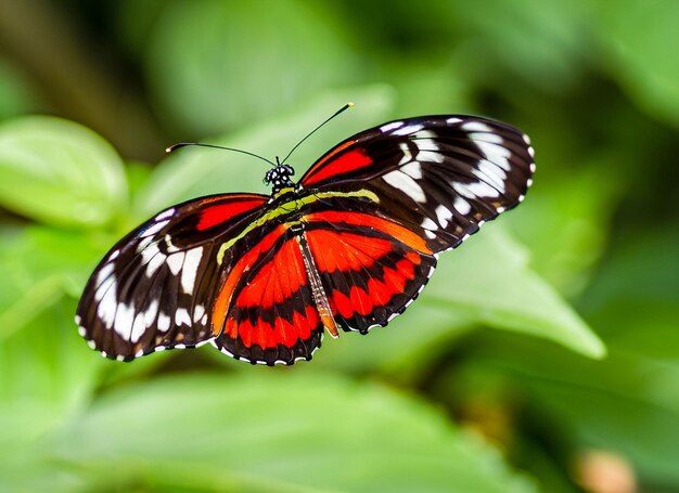 Una mariposa con un ala roja y negra y alas blancas vuela sobre una hoja verde.