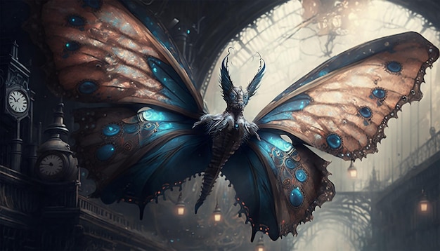 Una mariposa con alas azules y una gran mariposa en las alas.