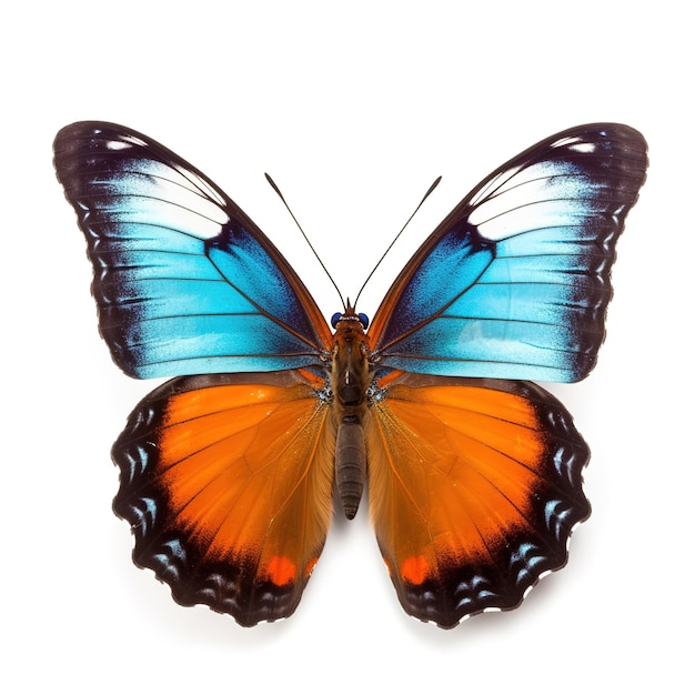 Una mariposa con alas azules y naranjas se muestra sobre un fondo blanco con un fondo blanco.