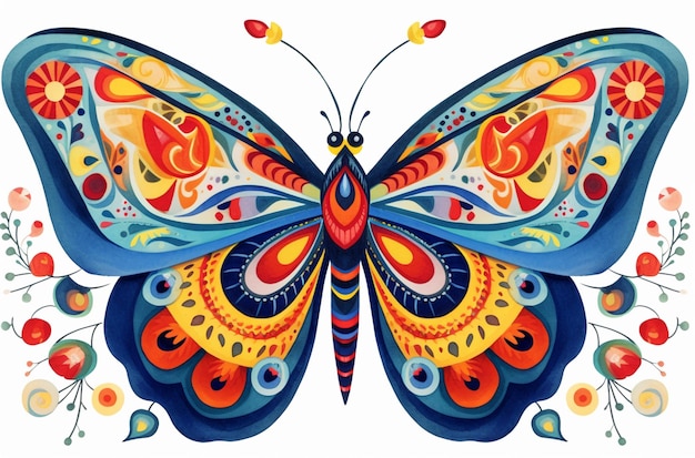 Mariposa con alas de colores y flores sobre un fondo blanco ai generativo