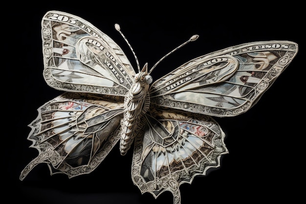 Una mariposa con alas hechas de billetes de dólar doblados