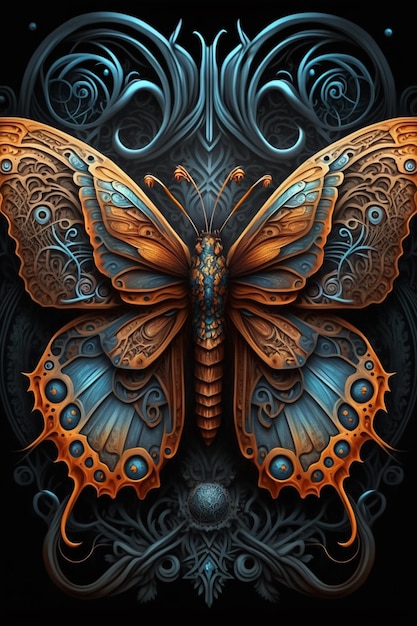 Mariposa con alas intrincadas y patrones ornamentados en un ai generativo de fondo negro
