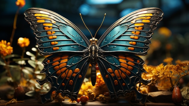 Una mariposa con alas naranja y azul