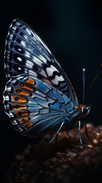 Una mariposa con alas naranjas y azules se sienta sobre un trozo de madera.