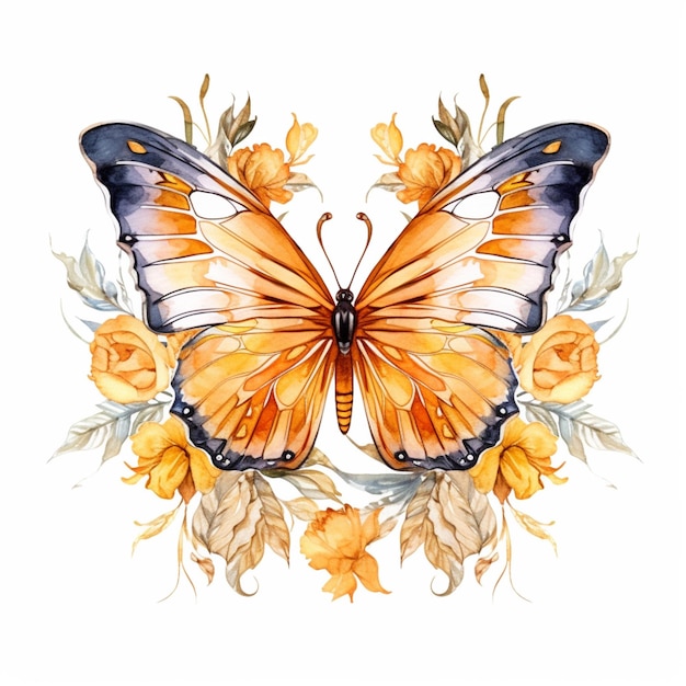 Una mariposa con alas naranjas sobre un fondo blanco.