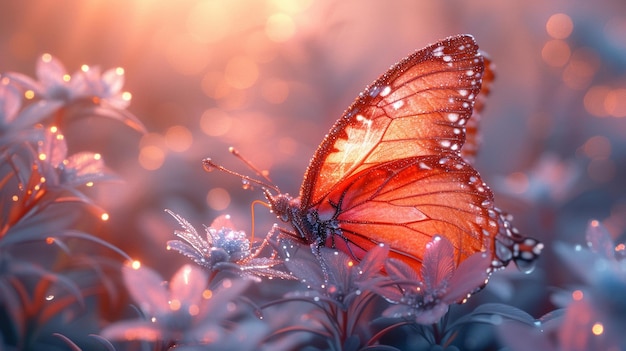 una mariposa con alas rojas y naranjas se sienta en una flor