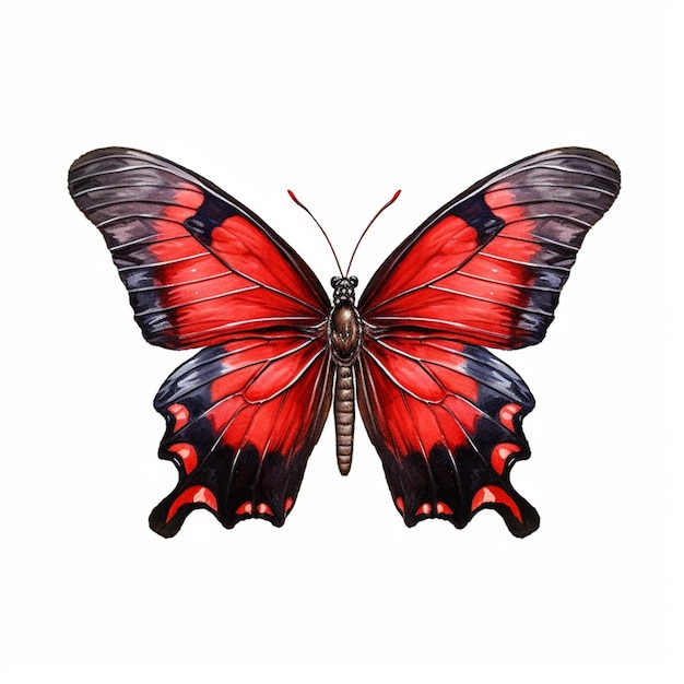 Mariposa con alas rojas y negras sobre fondo blanco ai generativo