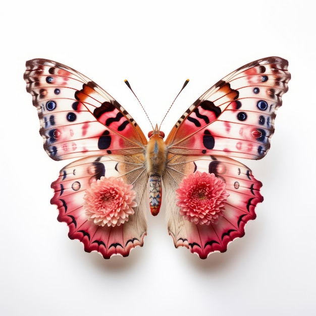 Foto una mariposa con alas rosadas y rojas sobre un fondo blanco