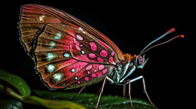 Una mariposa con alas rosas y azules se sienta en una hoja.
