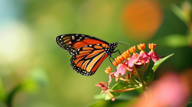 mariposa alimentándose de una flor Hermosa imagen en la naturaleza de la flor de la mariposa monarca AI generativa