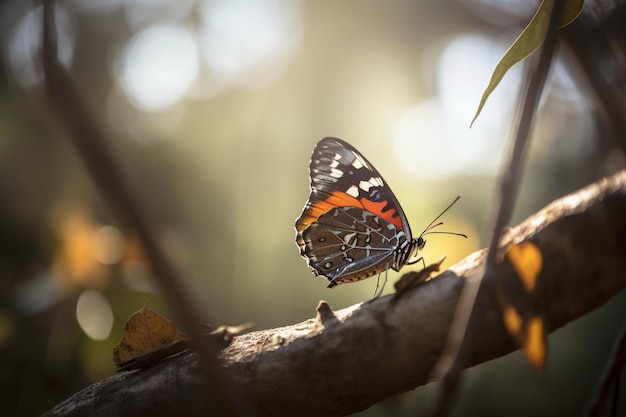 Una mariposa almirante roja se sienta en una rama al sol