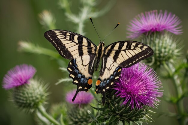 Foto la mariposa se alza en las flores del cardo