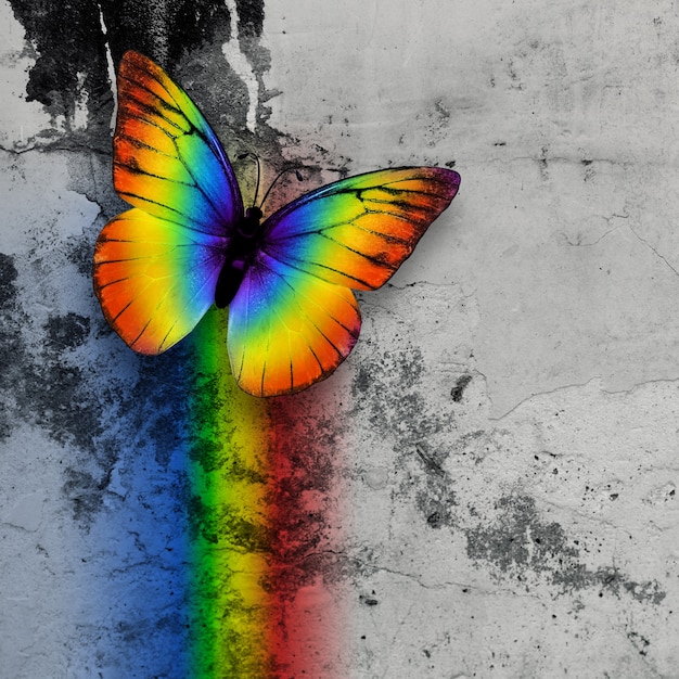 Mariposa arco iris brillante en pared de grange monocromo