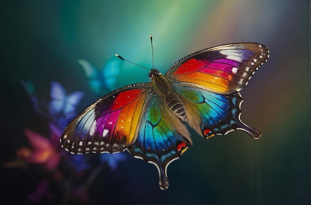 La mariposa arco iris en vuelo