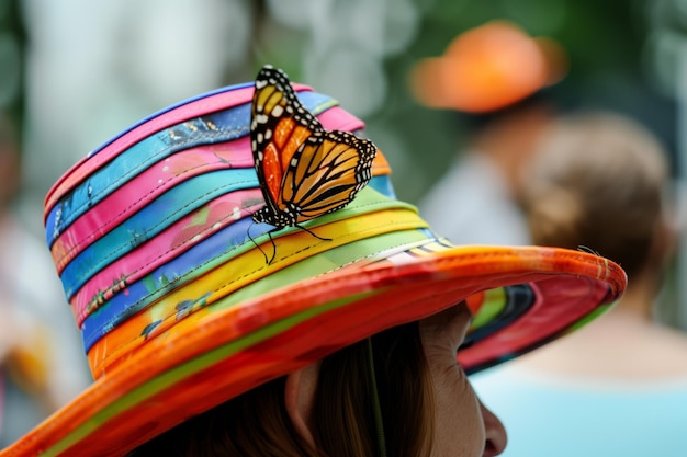 La mariposa aterriza en un sombrero de colores de los visitantes