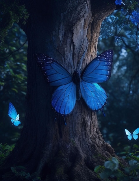 Una mariposa azul con alas de un brillante tono azul posada sobre una rama de un árbol