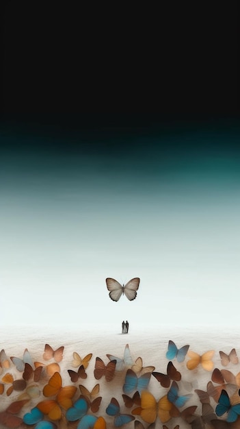 Una mariposa azul y blanca está en medio de dos personas.