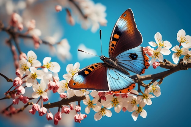 Una mariposa azul brillante contra un fondo de un cielo azul y una rama de un cerezo en flor