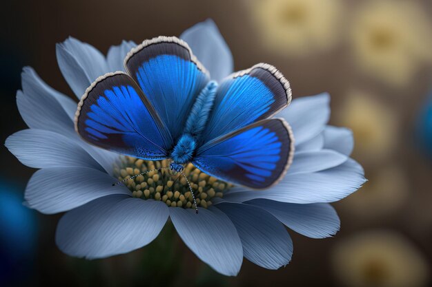 Mariposa azul en enfoque selectivo en una pequeña flor