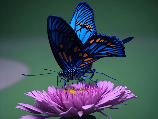 una mariposa azul está en una flor púrpura