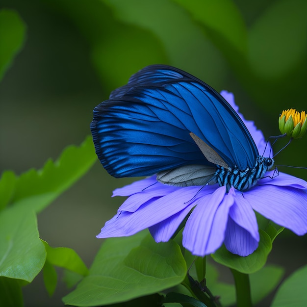 Una mariposa azul está sobre una flor morada con una flor amarilla.