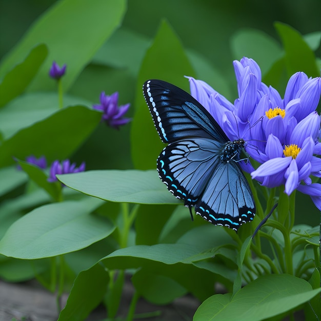 Una mariposa azul está sobre una flor morada con la palabra "mariposa".