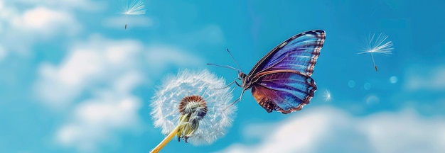 Una mariposa azul en la flor de diente de león blanca volando frente al fondo del cielo