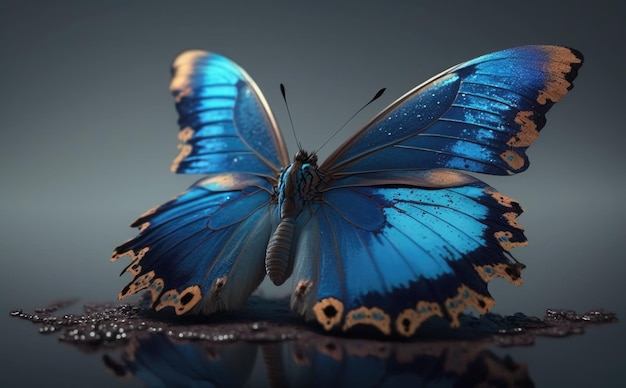 Una mariposa azul con un fondo negro