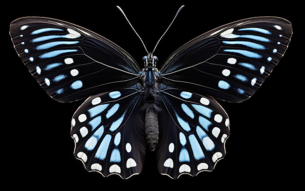 Mariposa azul con manchas blancas en las alas