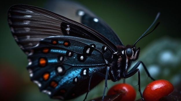 Una mariposa azul con manchas naranjas y negras se sienta sobre una baya roja.