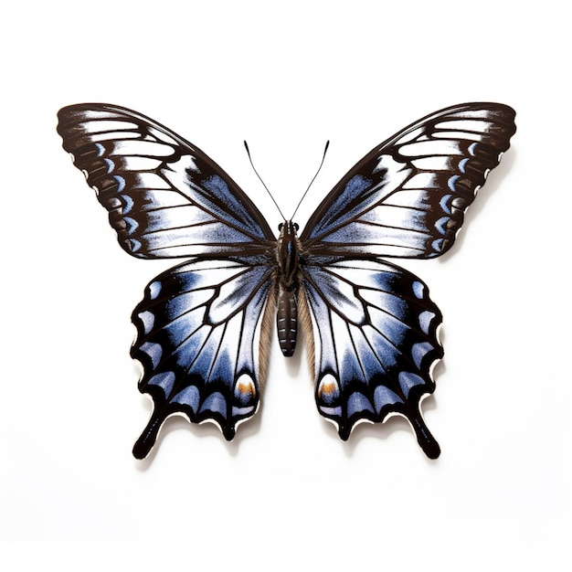 Una mariposa azul y negra está sobre un fondo blanco.