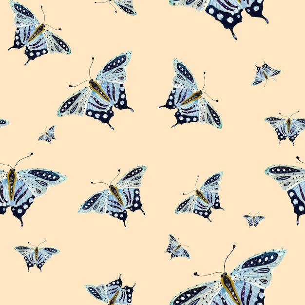 Mariposa azul de patrones sin fisuras una ilustración de acuarela. Aislado. fondo beige.