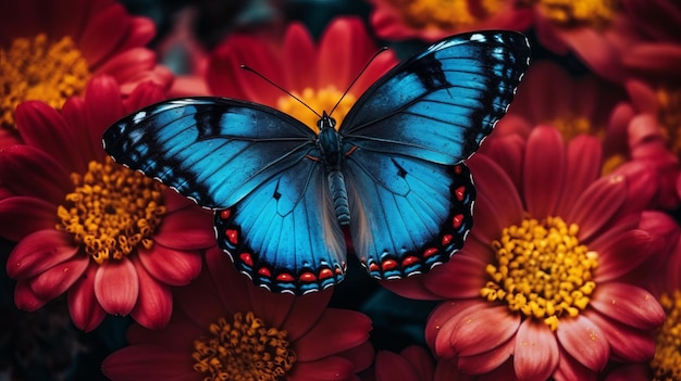 Mariposa azul rodeada de coloridas flores Al generado