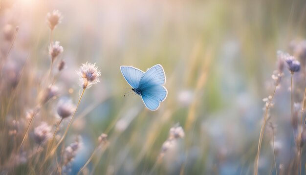 Foto una mariposa azul está sentada en una flor en el césped