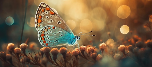 Una mariposa azul se sienta en una flor al sol